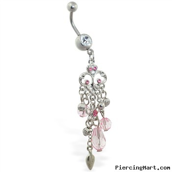 Flower chandelier dangling jeweled belly ring with pink stones