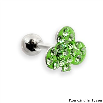 Steel cartilage barbell with jeweled clover top, 16 ga