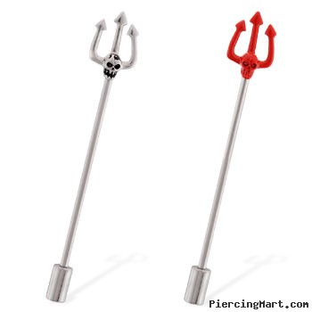 Skull pitchfork industrial straight barbell with cylinder end, 14 ga