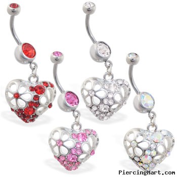 Belly ring with dangling jeweled floral heart