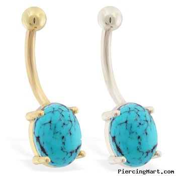 14K Gold Belly Ring with Natural Turquoise Stone
