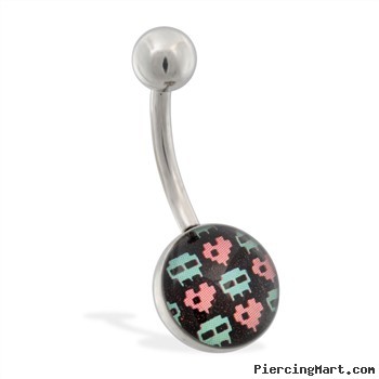 Pixelated Skull and Heart Logo Belly Ring