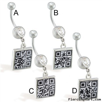 Navel ring with dangling hidden QR Code message square