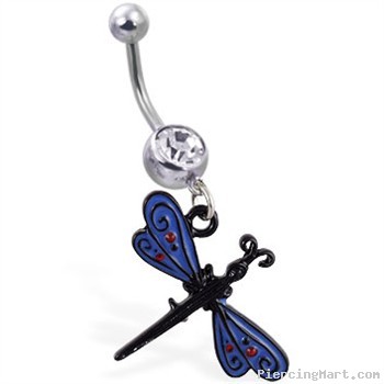 Navel Ring with Dangling Black And Blue Dragonfly