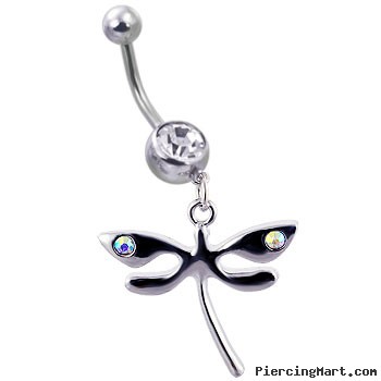 Navel ring with dangling steel dragonfly with ab gems