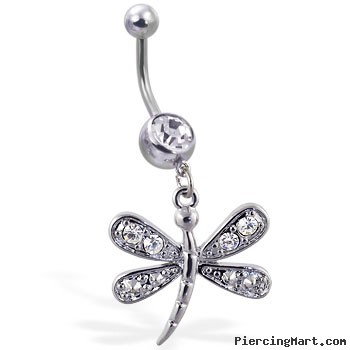 Navel ring with dangling jeweled dragonfly