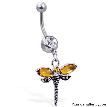 Navel ring with dangling yellow dragonfly