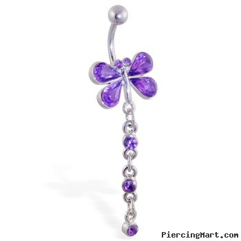 Purple dragonfly belly ring with dangling gems and chains