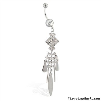 Belly ring with long jeweled dangling geometric chandelier