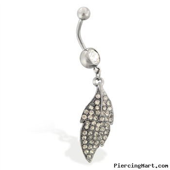 Hematite plated jeweled belly ring with dangling jeweled leaf