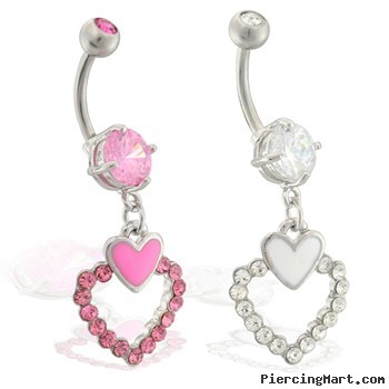 Navel ring with dangling jeweled double hearts