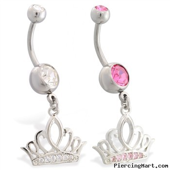 Navel ring with dangling jeweled tiara crown