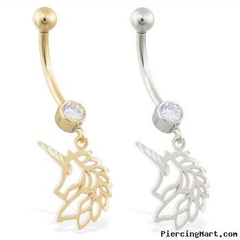 14K Yellow Gold belly ring with dangling unicorn