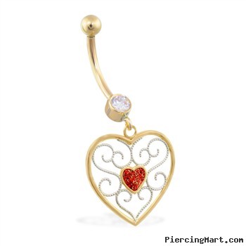 14K Yellow Gold belly ring with dangling heart charm and red glitter center