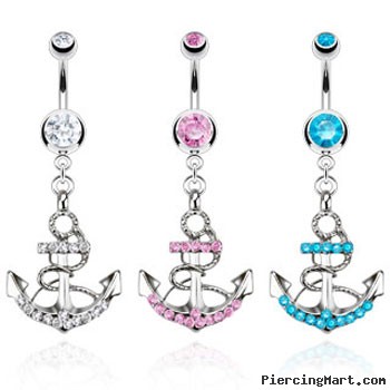 Jeweled belly ring with dangling jeweled anchor