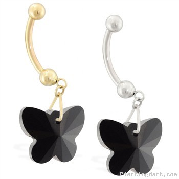14K Gold Belly Ring with Dangling Black Swarovski Crystal Butterfly
