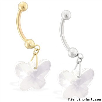 14K Gold Belly Ring with Dangling Clear Swarovski Crystal Butterfly