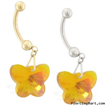 14K Gold Belly Ring with Dangling Yellow AB Swarovski Crystal Butterfly