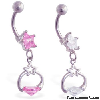 Jeweled star belly ring with dangling star circle with gem