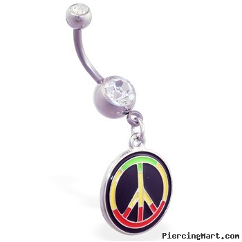 Navel ring with dangling rasta colored peace sign