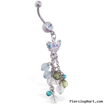 Navel ring with dangling butterfly and multi-color stones