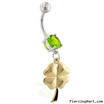 Belly ring with dangling gold colored four leaf clover