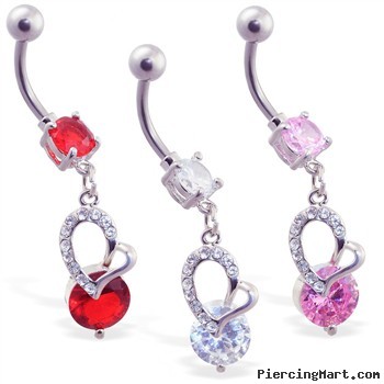 Navel ring with dangling jeweled heart and CZ