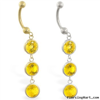 14K Gold belly ring with triple dangling round Citrine
