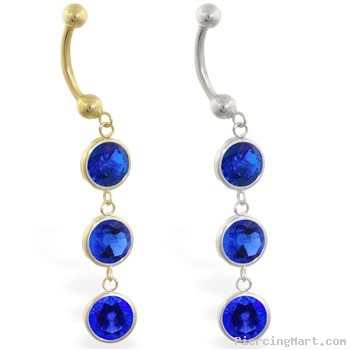 14K Gold belly ring with triple dangling round Sapphire