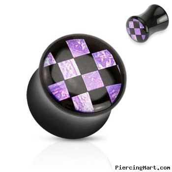 Pair of Black acrylic saddle plug with purple checker inlay