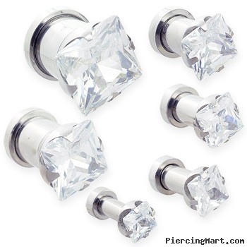 Pair Of Steel Screw-Fit Plugs with Clear Square CZ