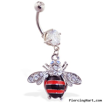 Navel ring with dangling jeweled bumble bee