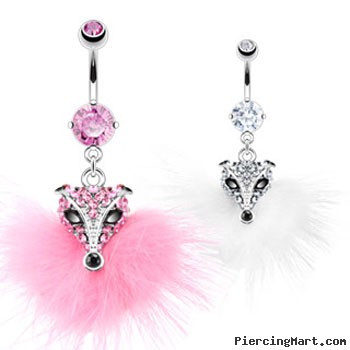 Navel ring with dangling furry jeweled fox head