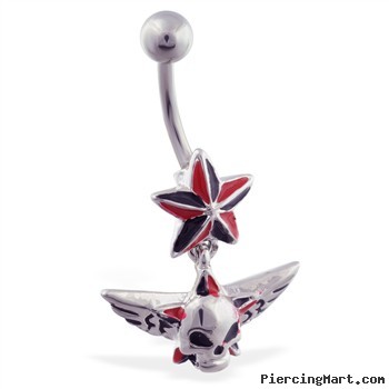 Nautica star belly ring with dangling skull and wings