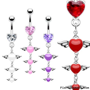 Jeweled heart navel ring with winged hearts dangle