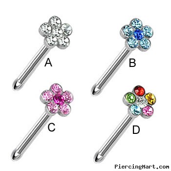 Stainless steel nose bone with jeweled flower, 20 ga