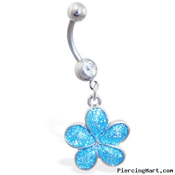 Navel ring with dangling aqua glitter flower