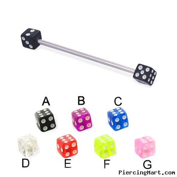 Industrial long straight barbell with acrylic dice, 16 ga