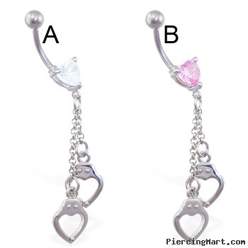 Jeweled heart belly ring with dangling heart handcuffs