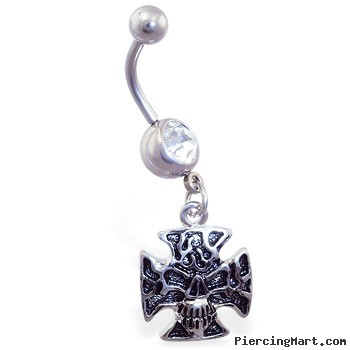 Navel ring with dangling skull cross