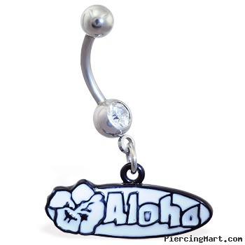 Jeweled Navel Ring with Dangling "Aloha" Sign