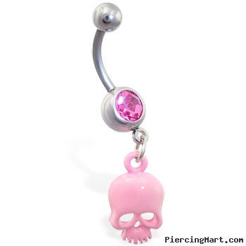 Jeweled belly ring with dangling pink skull