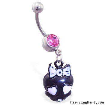 Jeweled navel ring with dangling pink and black girly skull