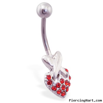 Red jeweled heart belly ring with X