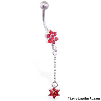 Red flower belly ring with dangling jeweled flower