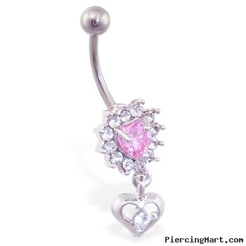 Jeweled heart flower belly ring with dangling heart