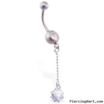 Jeweled navel ring with dangling jeweled cube