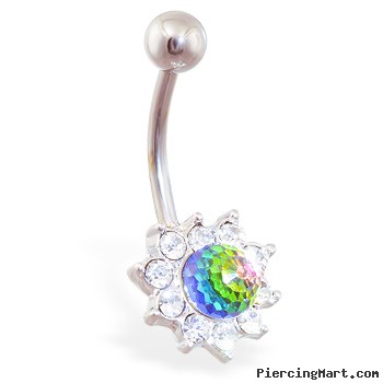 Jeweled flower belly ring with rainbow crystal ball