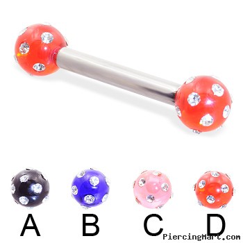 Straight barbell with multi-gem acrylic colored balls, 10 ga