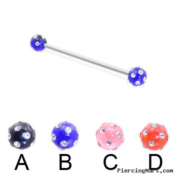 Industrial barbell with multi-gem acrylic colored balls, 14 ga